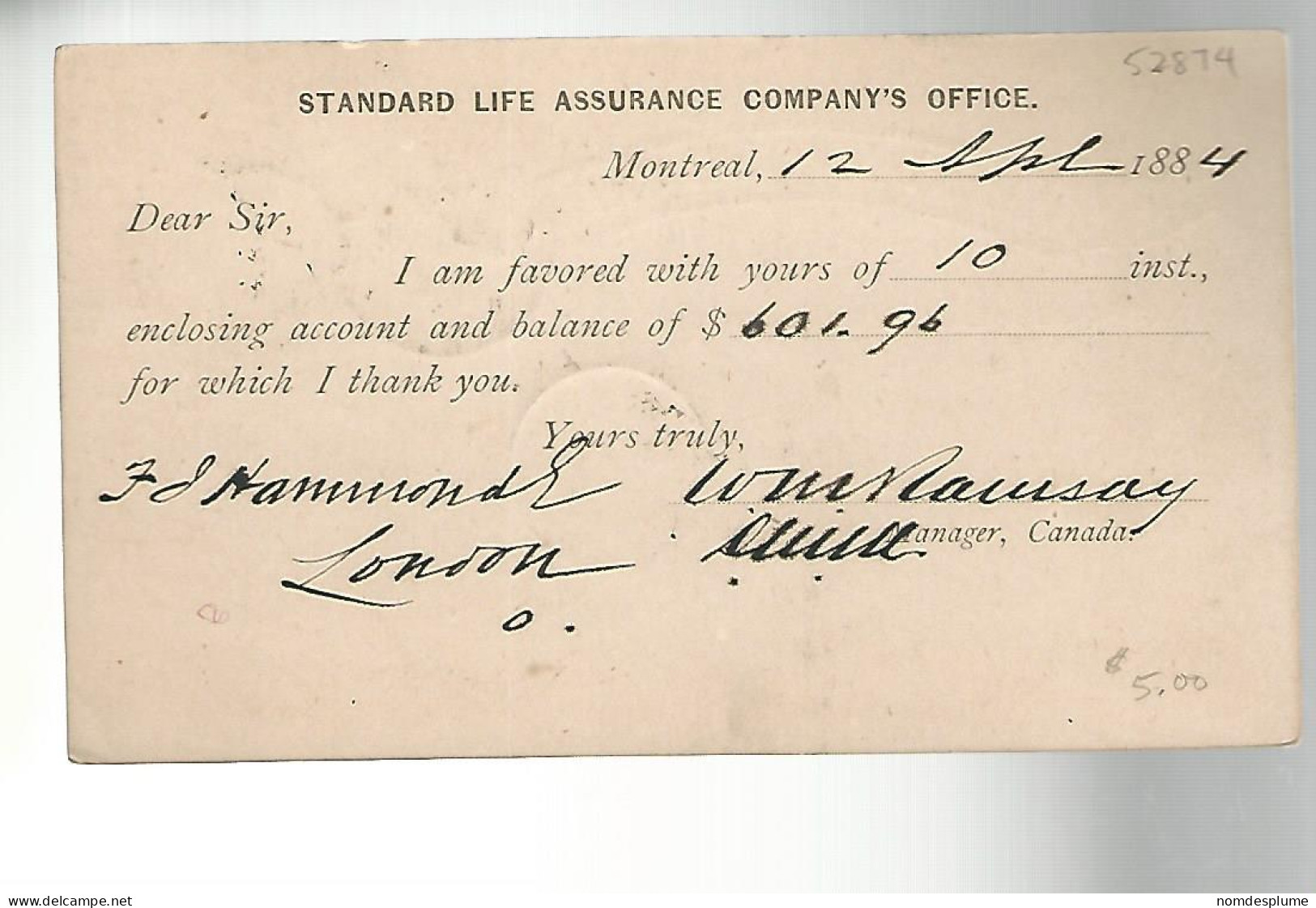 52874 ) Canada Postal Stationery Montreal 1884 Postmark Duplex  - 1860-1899 Regering Van Victoria