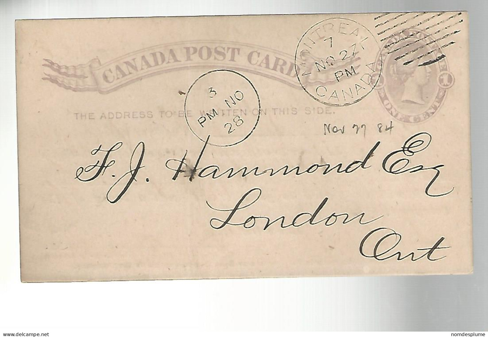 52876 ) Canada Postal Stationery Montreal 1884 Postmark  Duplex - 1860-1899 Reinado De Victoria