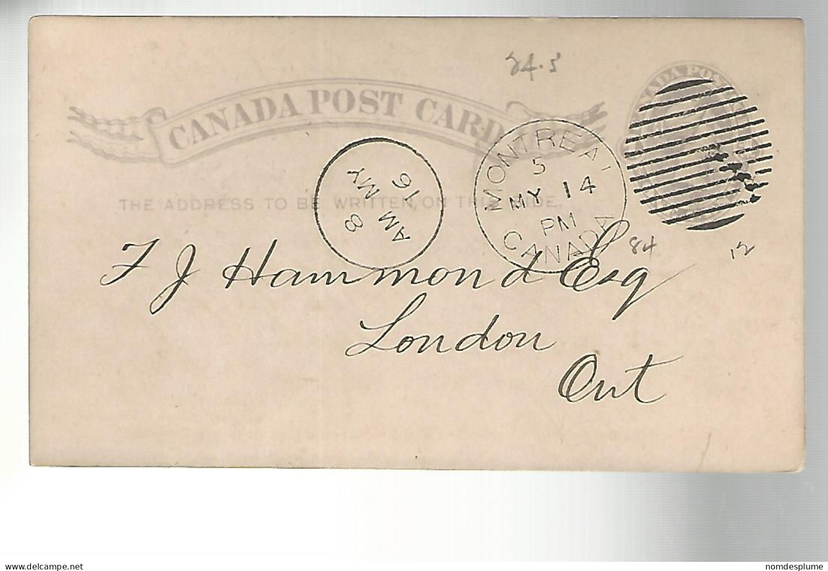 52877 ) Canada Postal Stationery Montreal 1884 Postmark  Duplex - 1860-1899 Règne De Victoria