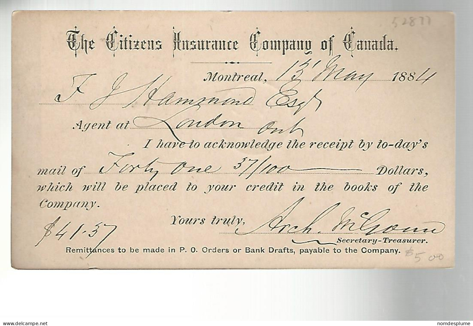 52877 ) Canada Postal Stationery Montreal 1884 Postmark  Duplex - 1860-1899 Règne De Victoria