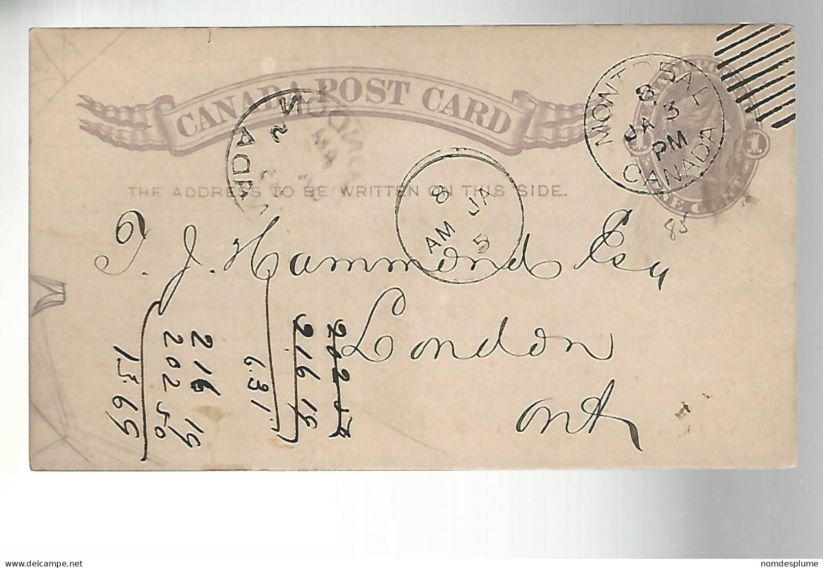 52878 ) Canada Postal Stationery Montreal 1885 Postmark  Duplex - 1860-1899 Victoria