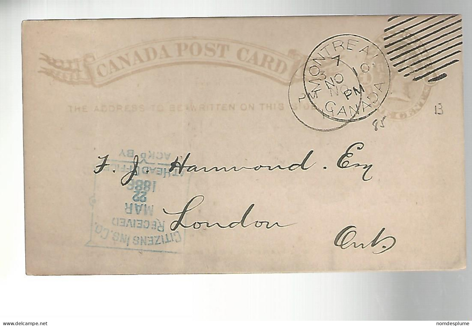 52880 ) Canada Postal Stationery Montreal Postmark  Duplex 1885 - 1860-1899 Victoria