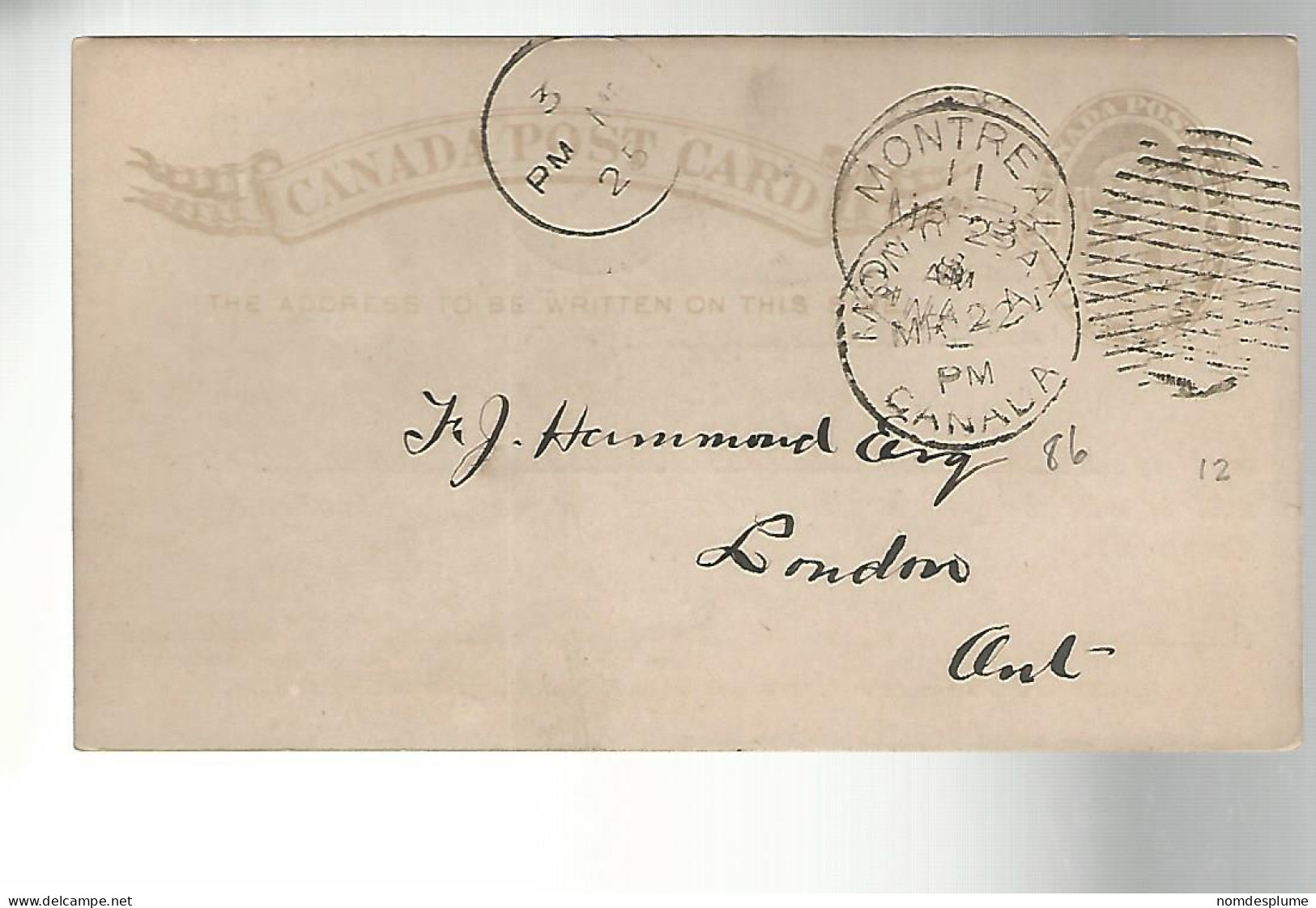 52881 ) Canada Postal Stationery Montreal Postmark  Duplex 1886 - 1860-1899 Reign Of Victoria