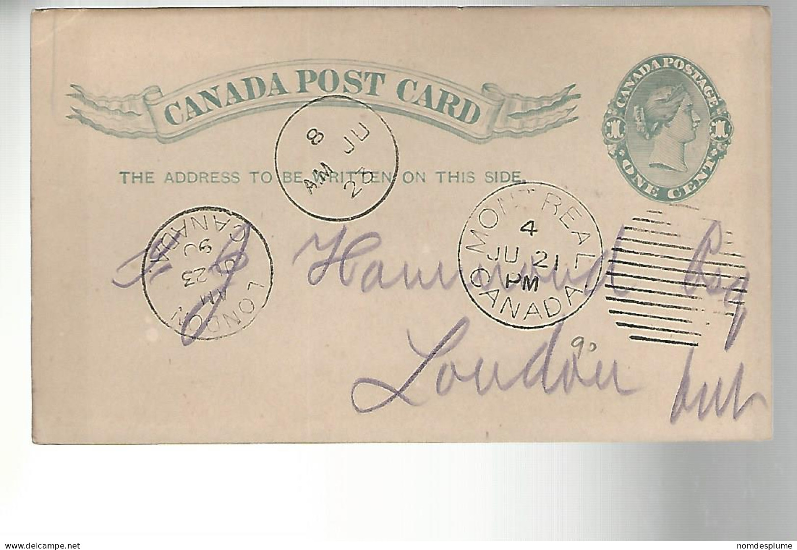 52885 ) Canada Postal Stationery Montreal Postmark  Duplex 1890 - 1860-1899 Regno Di Victoria