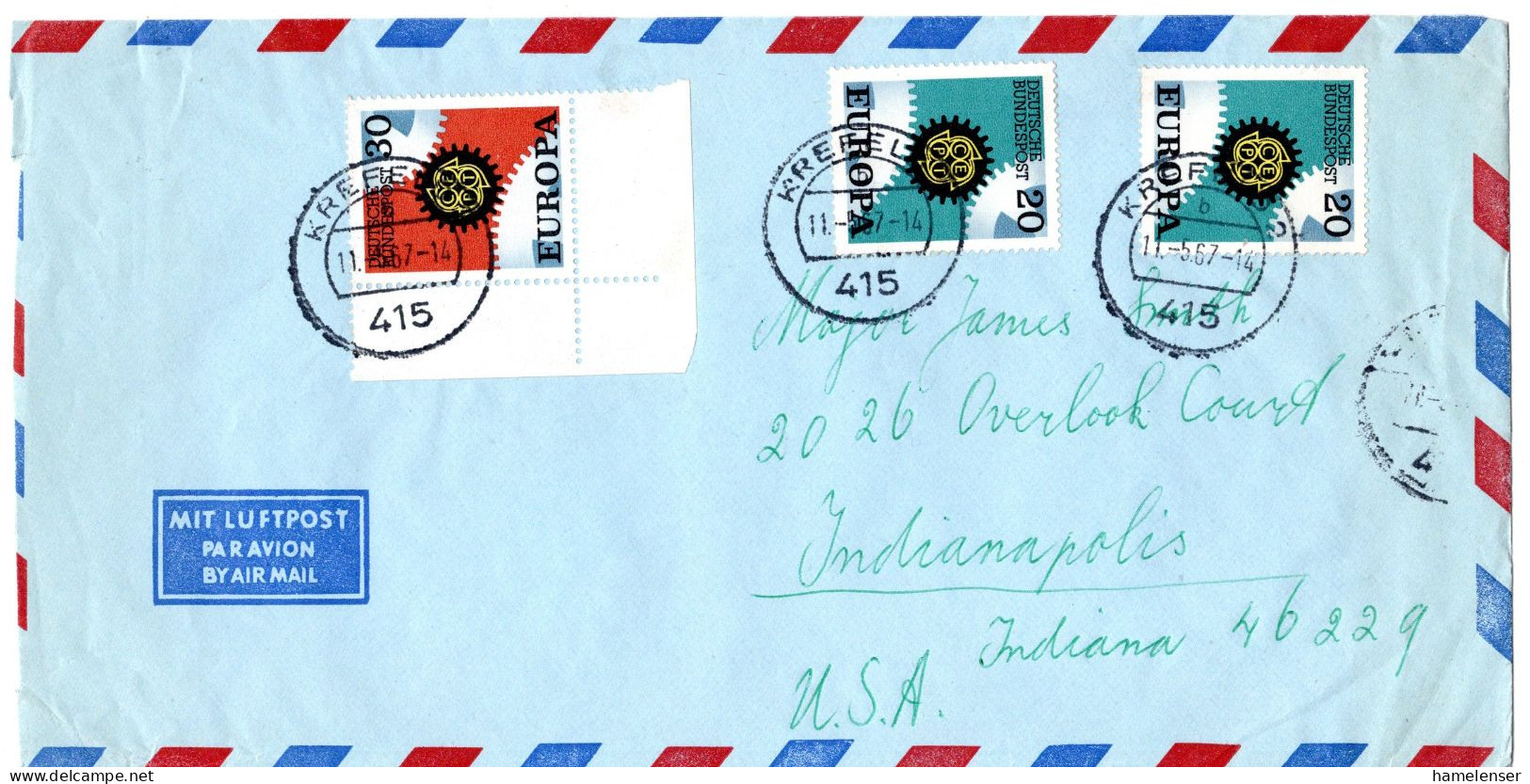 L70111 - Bund - 1967 - 30Pfg CEPT '67 MiF A LpBf KREFELD -> Indianapolis, IN (USA) - Covers & Documents