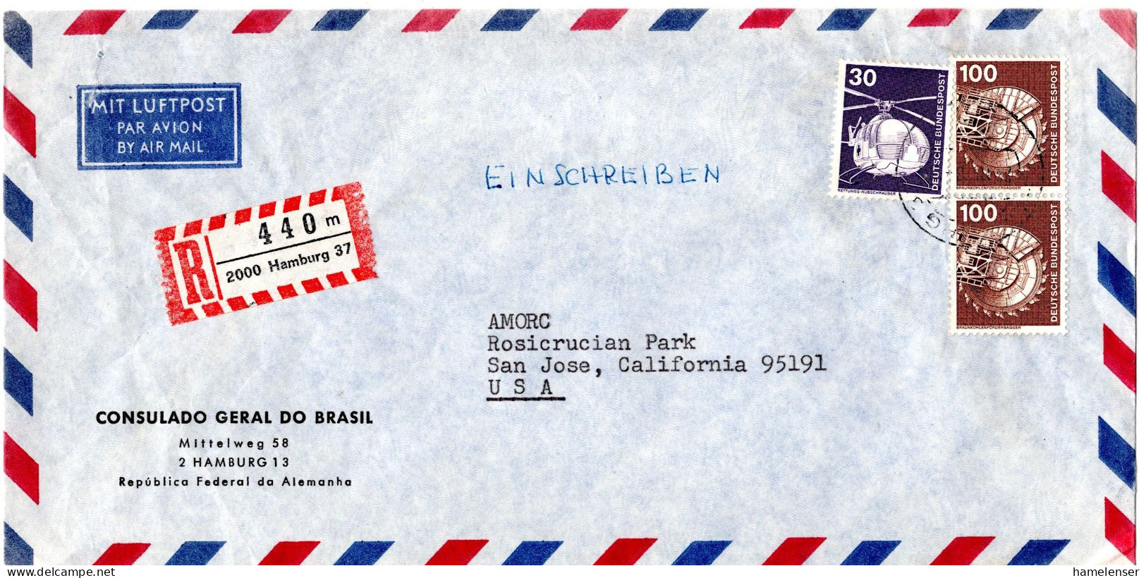 L70114 - Bund - 1978 - 2@100Pfg I&T MiF A R-LpBf HAMBURG -> SAN JOSE, CA (USA) - Lettres & Documents