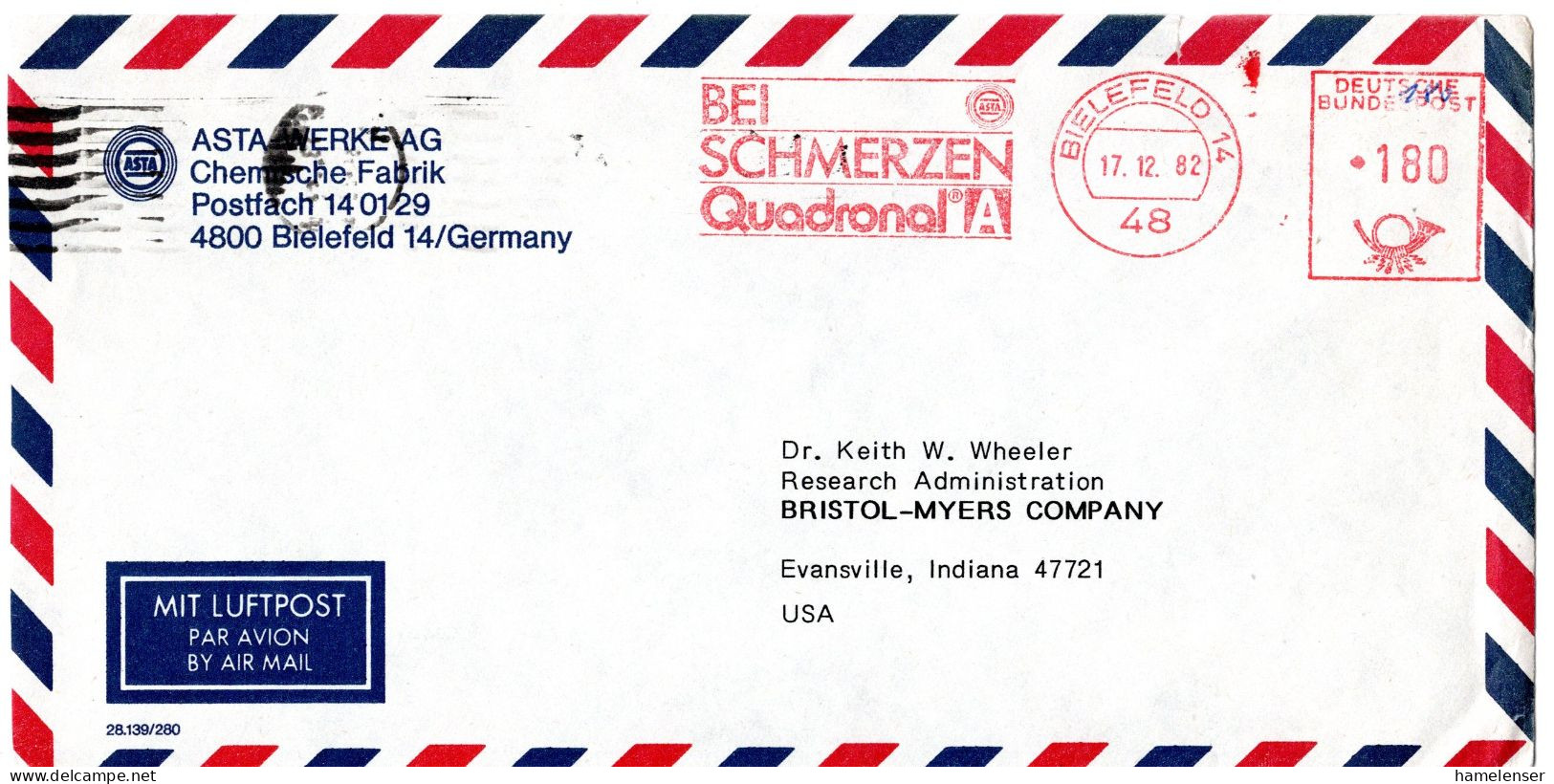 L70117 - Bund - 1982 - 180Pfg AbsFreistpl A LpBf BIELEFELD - BEI SCHMERZEN QUADRONAL -> Evansville, IN (USA) - Pharmazie