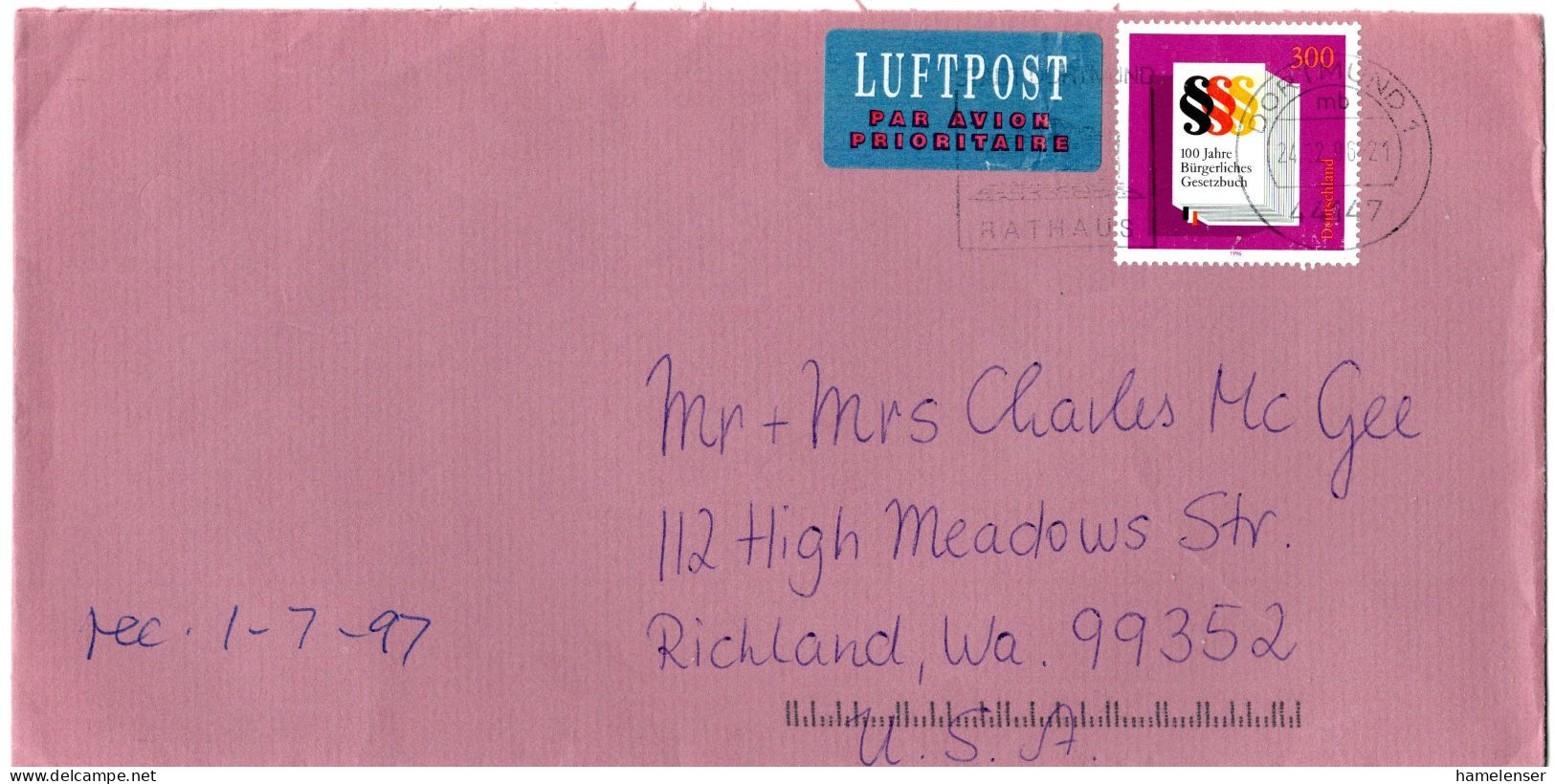 L70119 - Bund - 1996 - 300Pfg BGB EF A LpBf DORTMUND - ... -> Richland, WA (USA) - Lettres & Documents