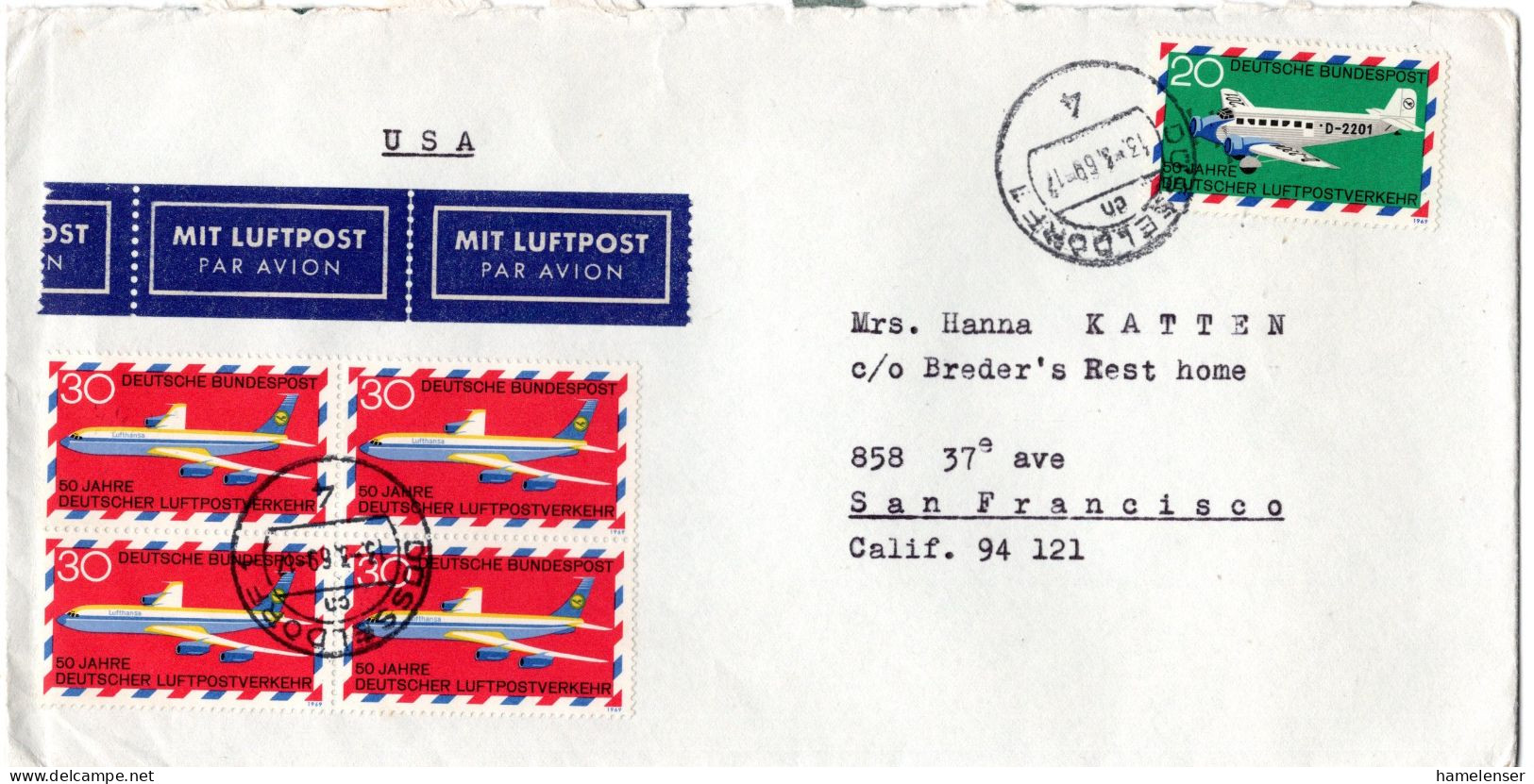 L70120 - Bund - 1969 - 30Pfg Luftpostverkehr 田 MiF A LpBf DUESSELDORF -> San Francisco, CA (USA) - Covers & Documents