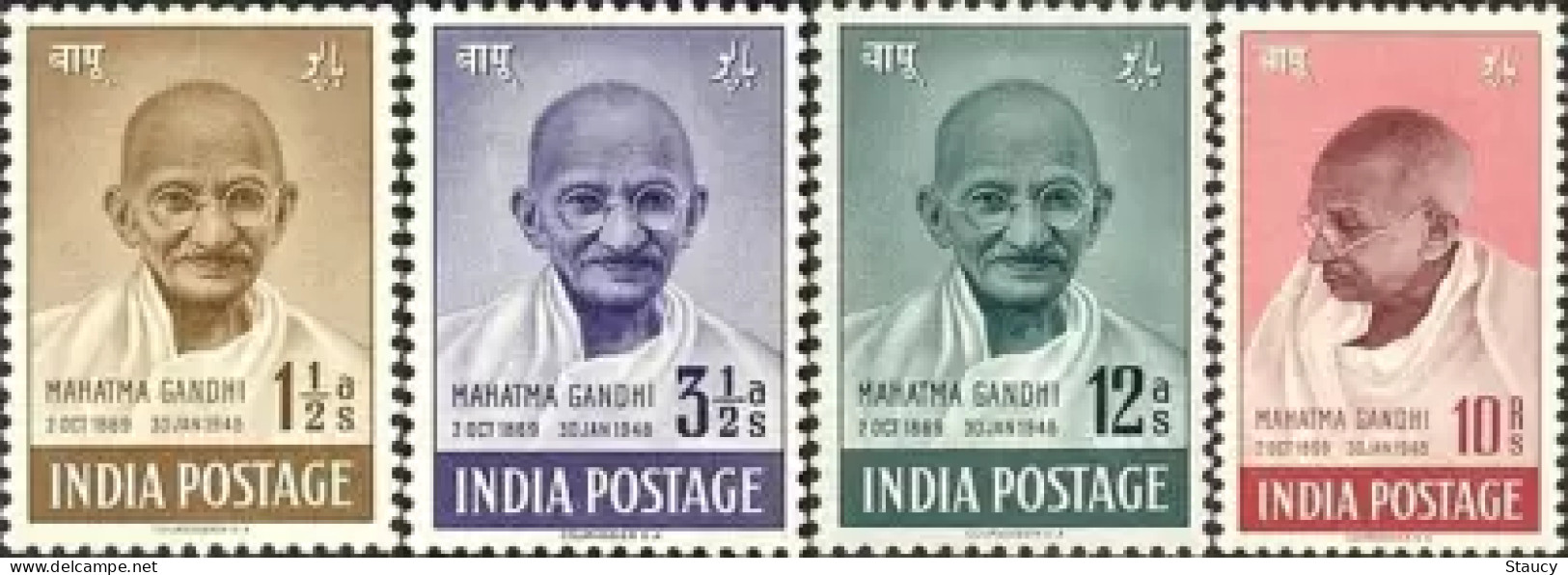 India 1948 Mahatma Gandhi Mourning 4v SET Mounted Mint Uneven Back, NICE COLOUR As Per Scan - Mahatma Gandhi