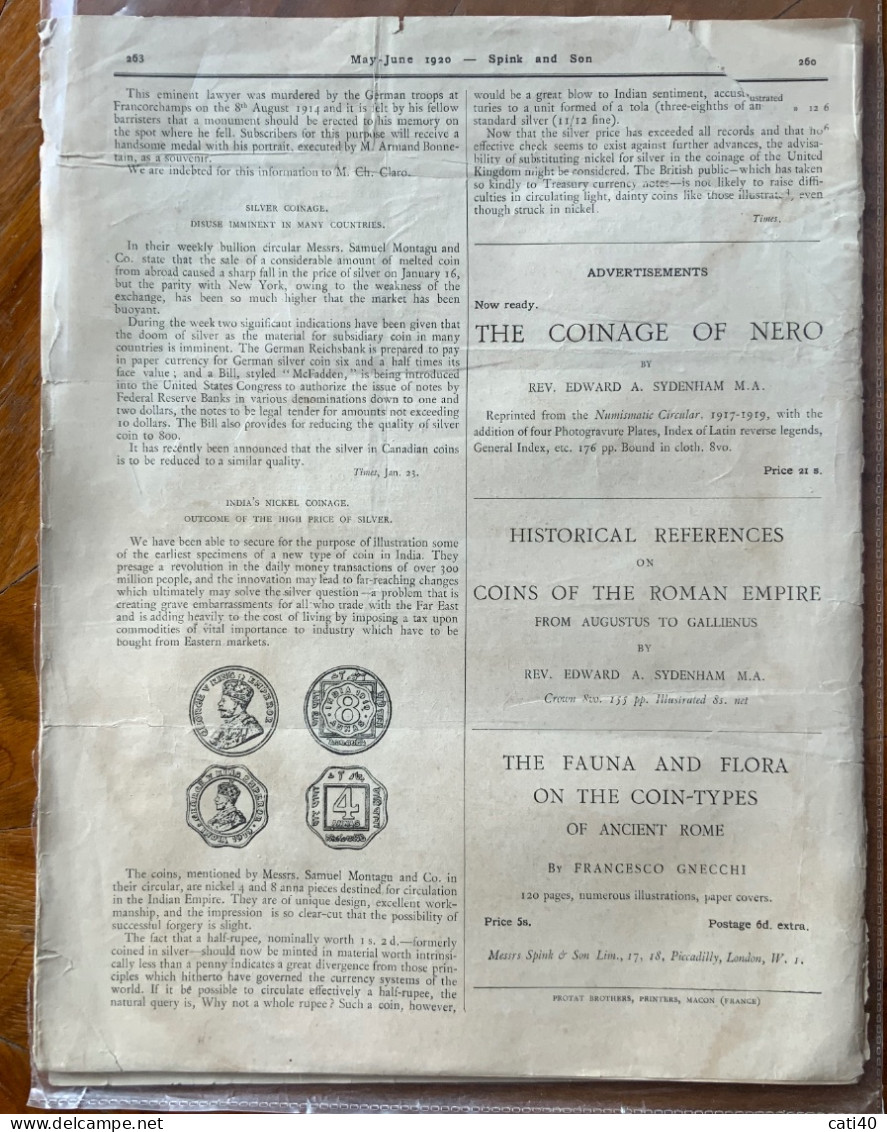 NUMISMATICA  - SPINK & SON'S - NUMISMATIC CIRCULAR - MAY - JUNE  1920 - Magazines & Catalogues