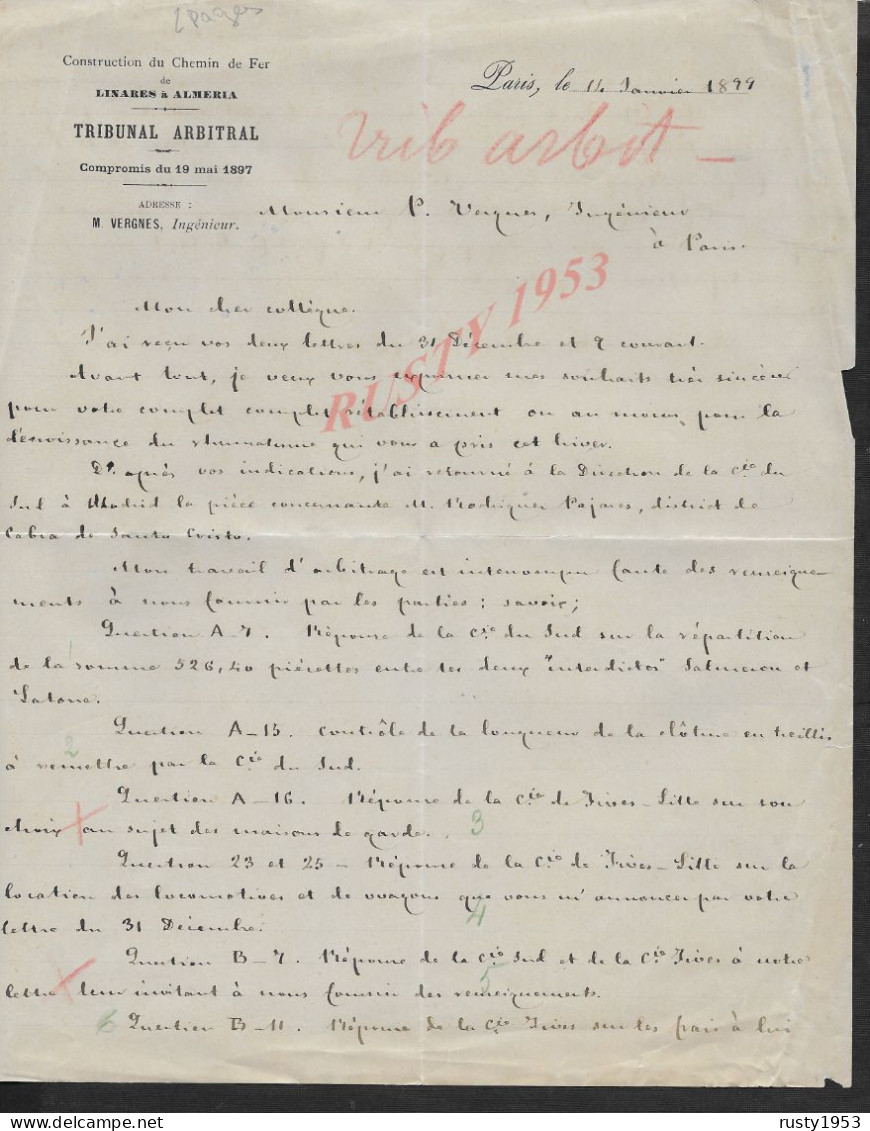 PARIS 1899 LETTRE DU TRIBUNAL ARBITRAL CONSTRUCTION DU CHEMIN DE FER DE LINARÈS À ALMÉRIA ESPAGNE 2 PAGES : - Chemin De Fer