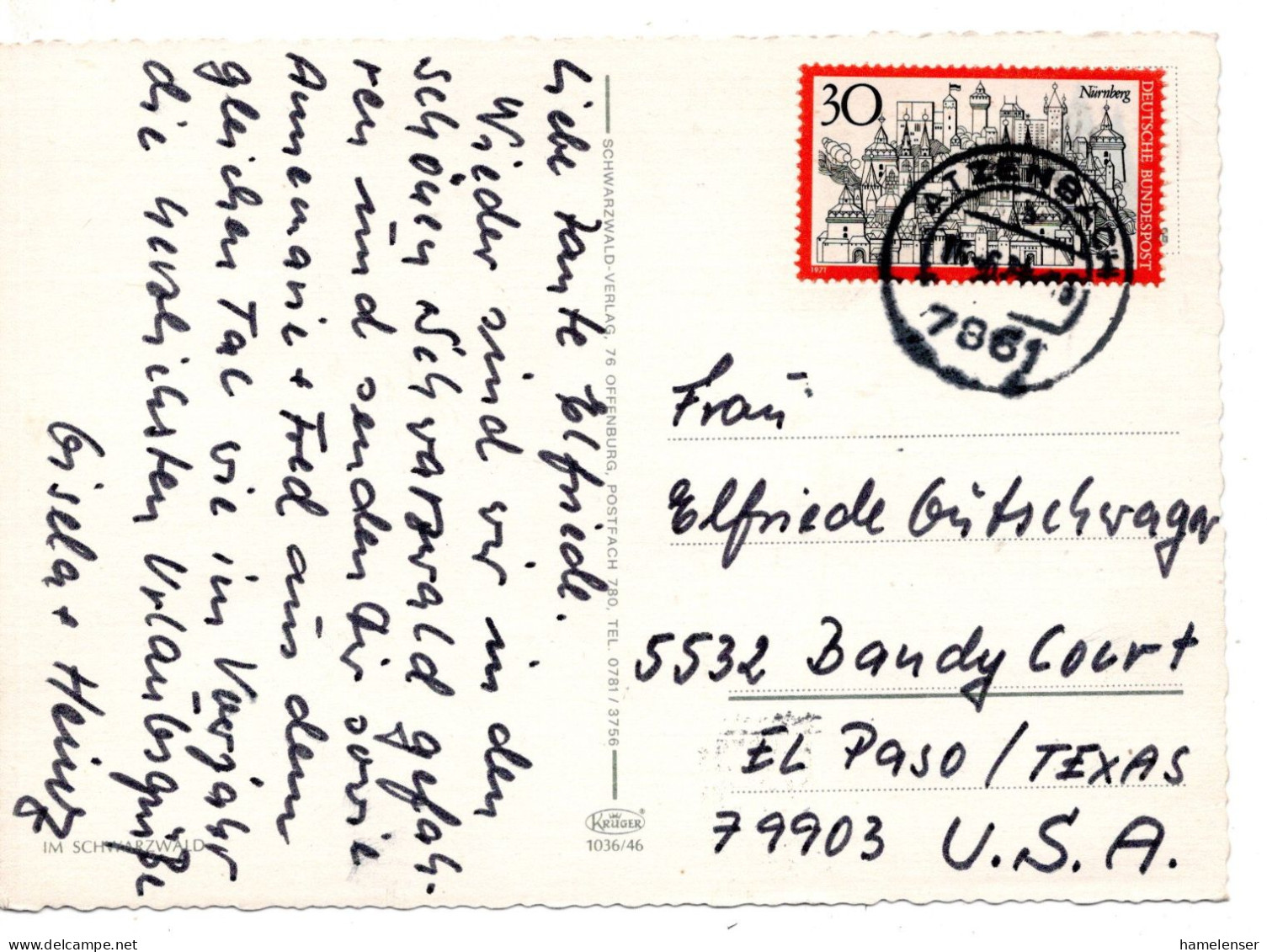 70123 - Bund - 1971 - 30Pfg Nuernberg EF A AnsKte ATZENBACH -> El Paso, TX (USA) - Lettres & Documents