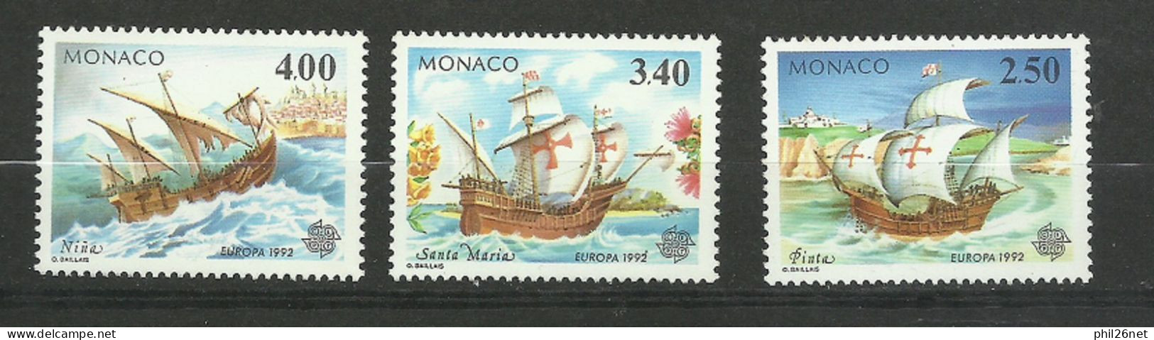 Monaco N°  1825 à 1827 Europa 1992 Caravelles De Christophe Colomb      Neufs  * *   B/TB  Voir Scans   Soldé  ! ! ! - 1992