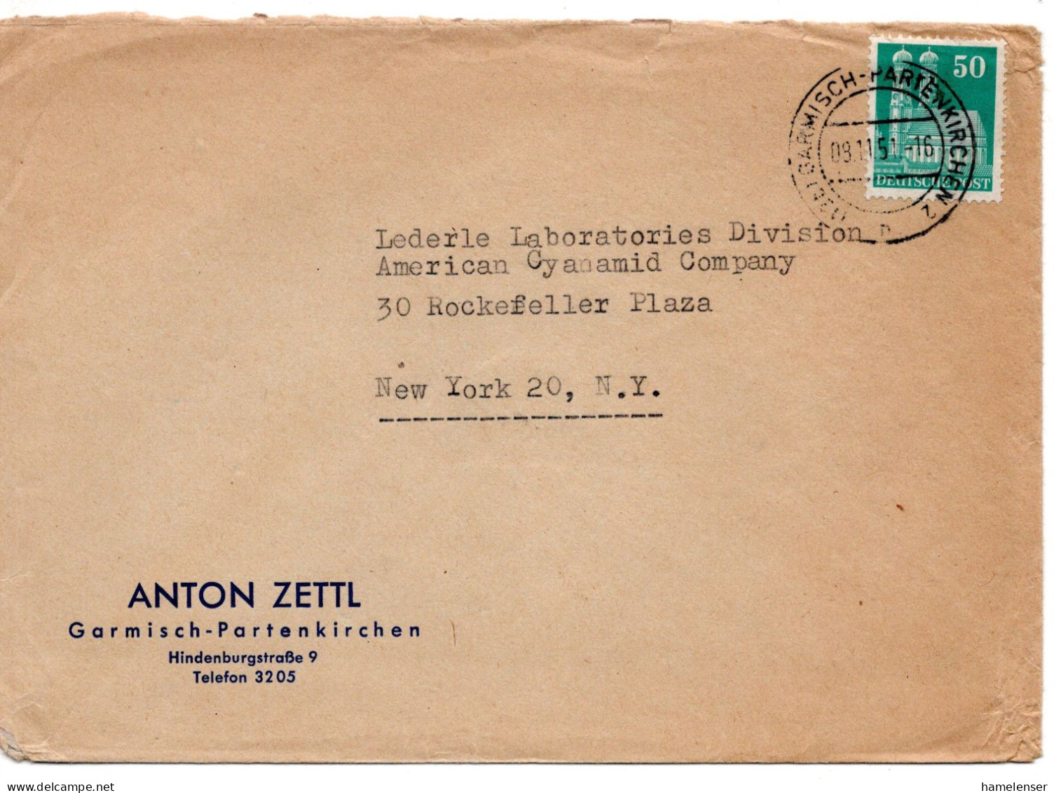 70127 - Bund - 1951 - 50Pfg Bauten EF A Bf GARMISCH-PARTENKIRCHEN -> New York, NY (USA) - Briefe U. Dokumente