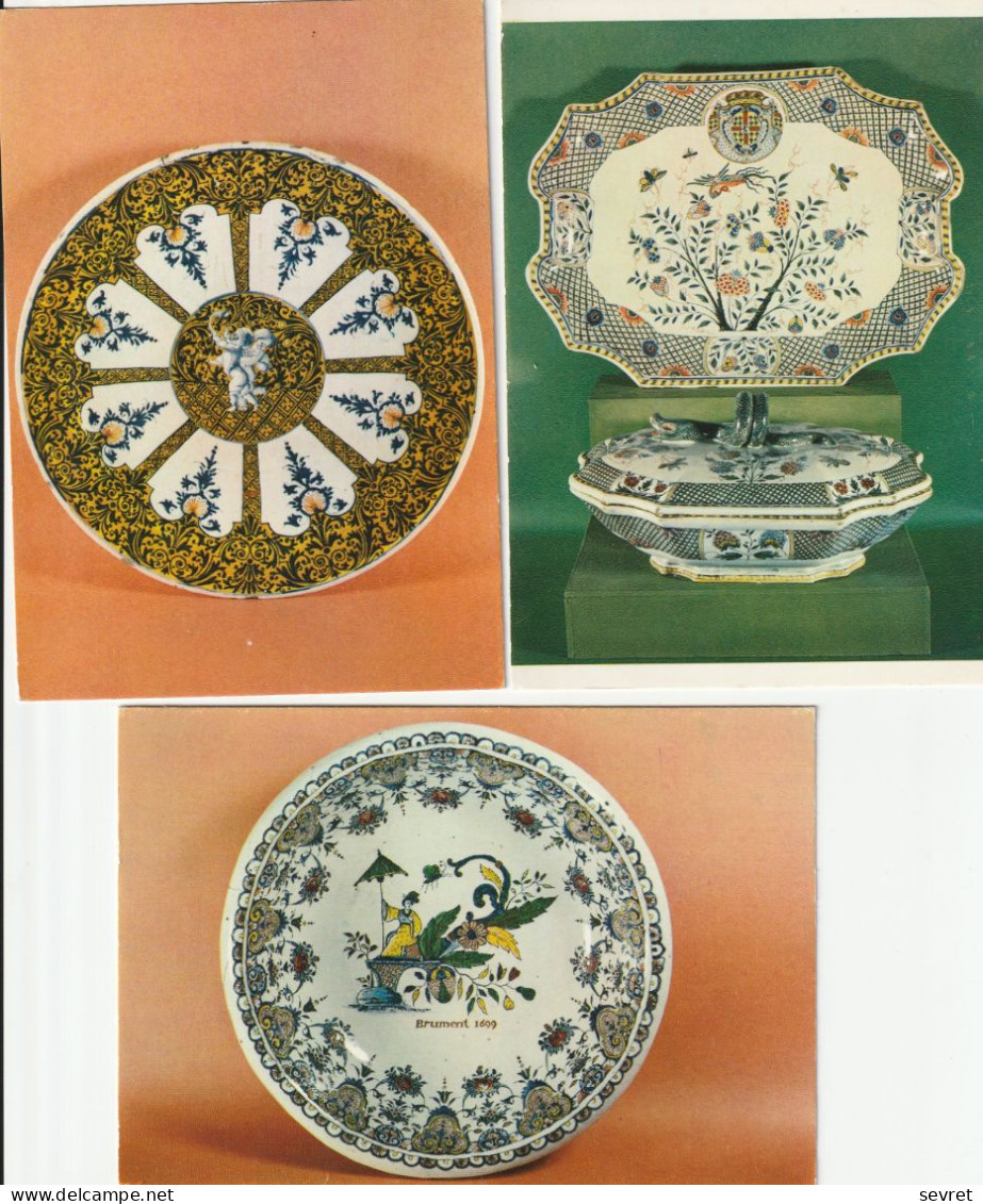 ROUEN. - Musée Des Beaux Arts. Lot De 3 Cartes Faïence De Rouen:  Saladier, Légumier Et Assiette - Kunstvoorwerpen