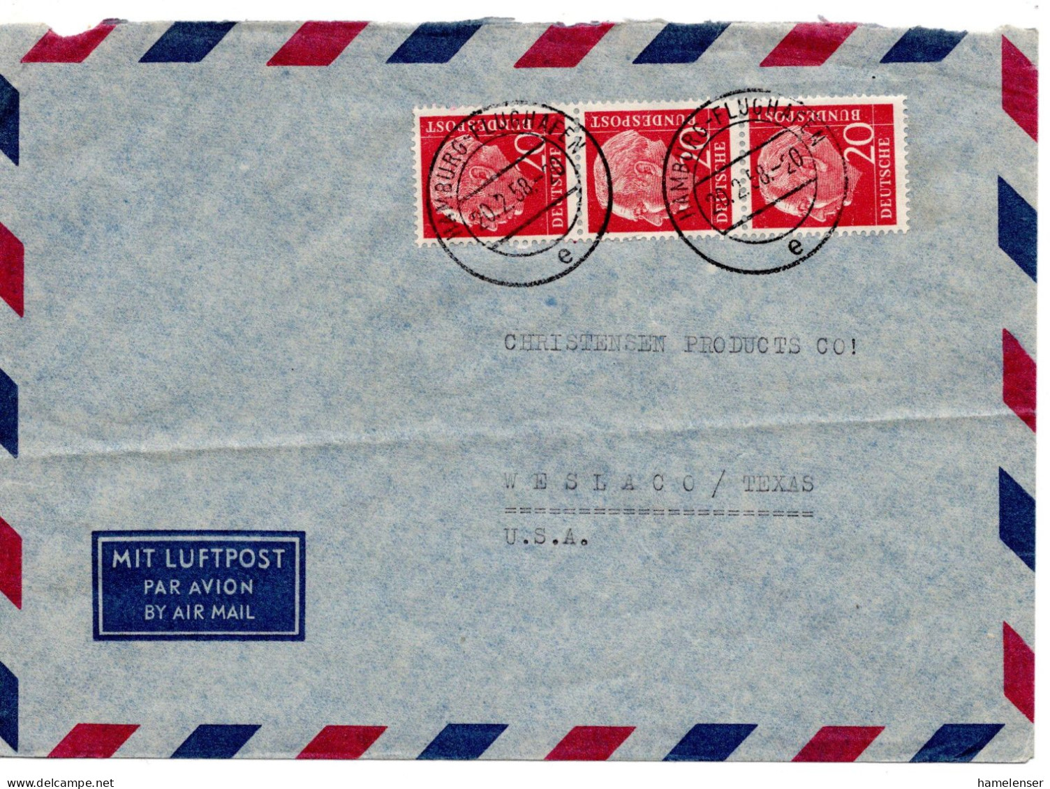 70132 - Bund - 1958 - 3@20Pfg Heuss I A LpBf HAMBURG -> Weslaco, TX (USA) - Briefe U. Dokumente