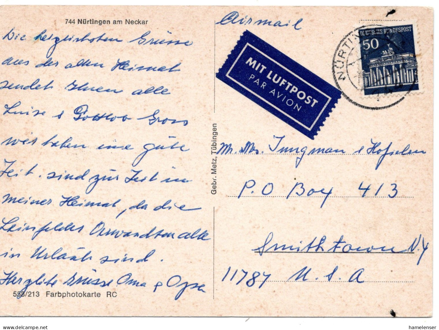 70137 - Bund - 1970 - 50Pfg Brandenburger Tor EF A LpAnsKte NUERTINGEN -> Smithtown, NY (USA) - Lettres & Documents