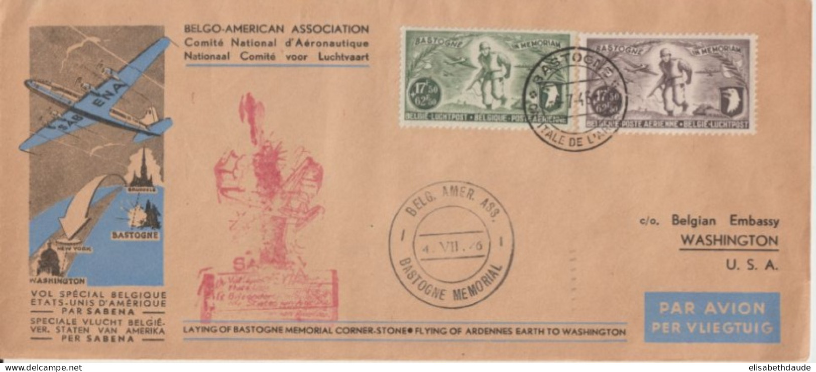 1946 - ASS. BELGO-AMERICAINE - ENV. SOUVENIR Par AVION SABENA De BASTOGNE => AMBASSADE BELGE à WASHINGTON - Covers & Documents