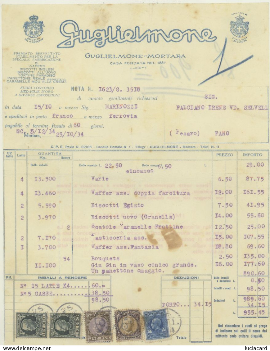 MORTARA 1934 -PAVIA -GUGLIELMONE STABILIMENTO DI WAFERS, BISCOTTI, TORTINE, PANETTONE,CARAMELLE - Fatture