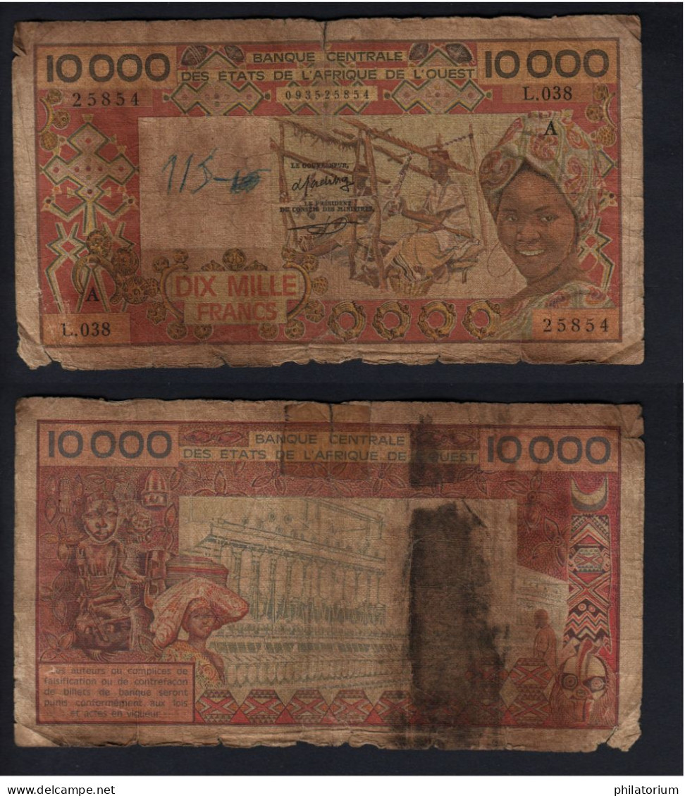 10000 Francs CFA, ND A, Côte D' Ivoire, L.038, 25854, Oberthur, P#_09, Banque Centrale Des États De L'Afrique Ouest - États D'Afrique De L'Ouest