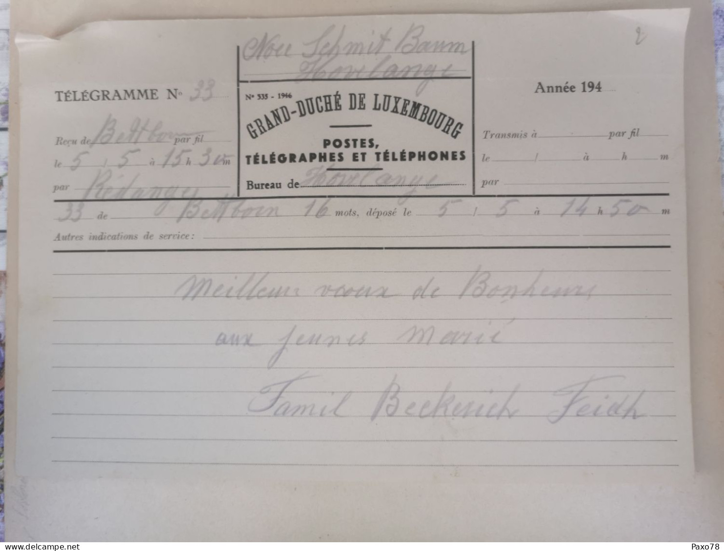 Luxembourg Télégramme, Hovelange, Bettborn, Redange 1946 - Telégrafos