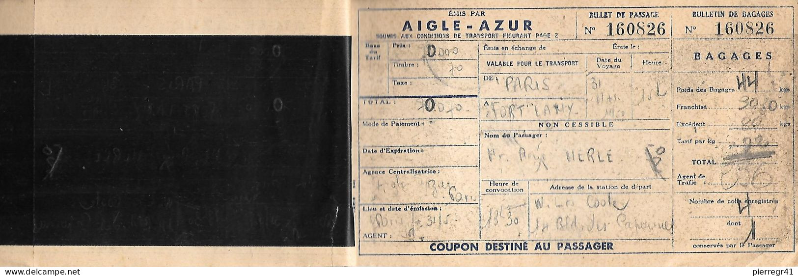 BILLET AVION-31/05/1950-Cie AIGLE-AZUR-PARIS-FORT LAMY-TCHAD-BE-RARE - Wereld