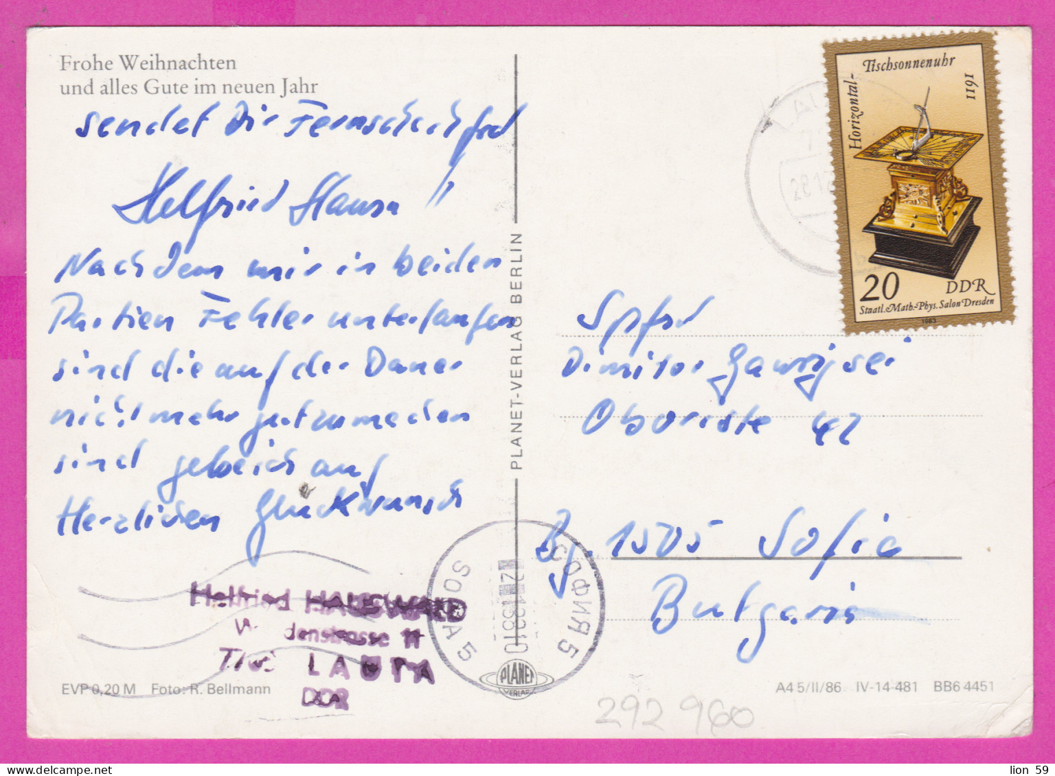 292960 / Germany DDR Christmas New Year  PC USED Lauta 1983 - 10 Pf. Horizontal-Tischsonnenuhr (1611) To Sofia BG - Orologeria