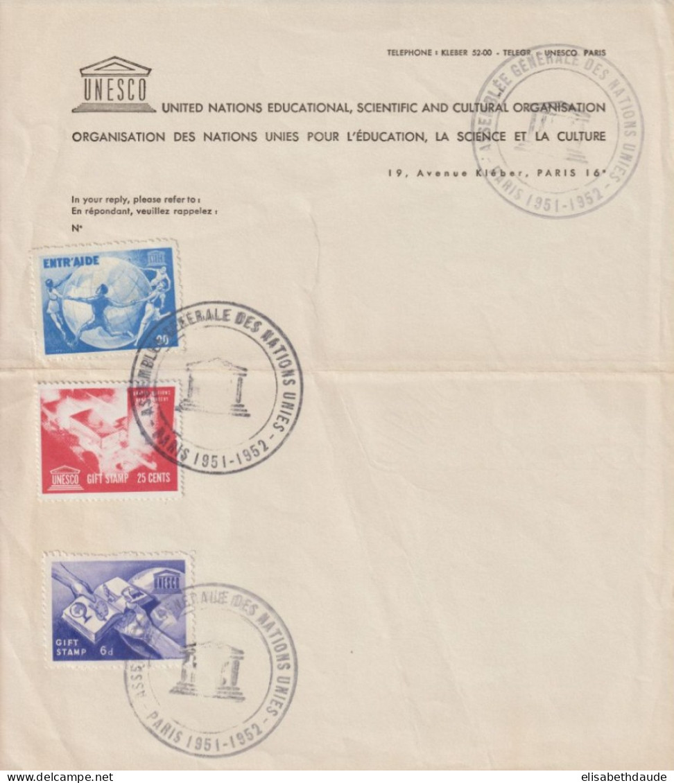 1951/52 - ASSEMBLEE GENERALE NATIONS UNIES à PARIS VIGNETTES UNESCO Sur FEUILLET - Lettere