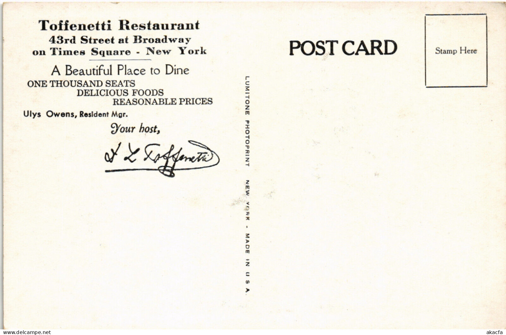 PC US, NY, NEW YORK, TOFFENETTI RESTAURANT, Vintage Postcard (b49517) - Bar, Alberghi & Ristoranti