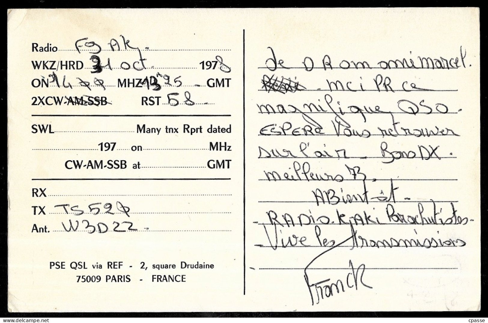 1978 Carte QSL 11 CARCASSONNE F6KGU - Radio 3e Régiment D'Infanterie - Club De Para De Marine * Parachutisme Militaria - Andere & Zonder Classificatie
