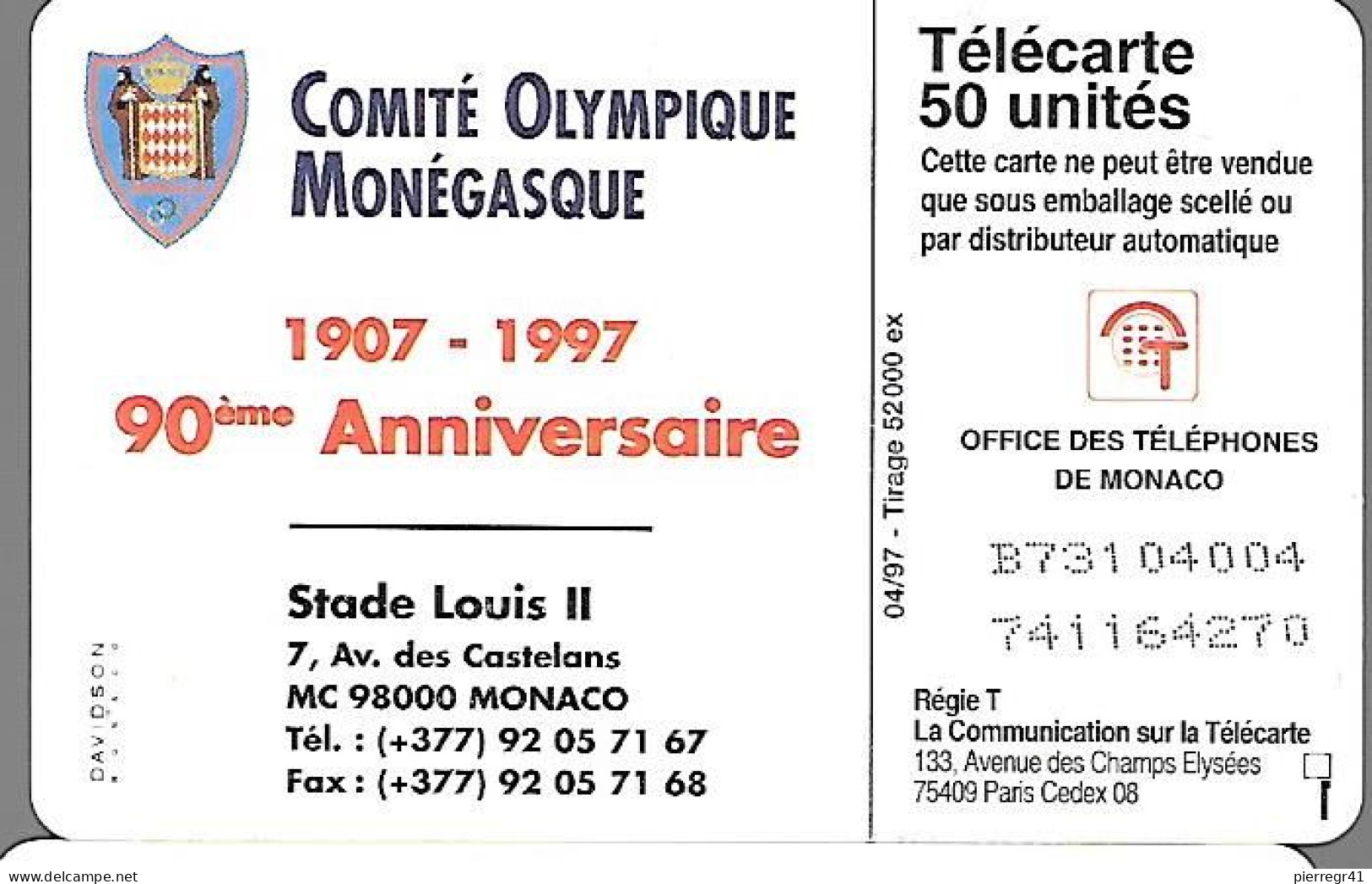 CARTE-PUBLIC-MONACO-50U-MF44-GEM A-04/97-COMITE OLYMPIQUE-V°Grands N°Série 4004-UTILISE-TBE - Monace