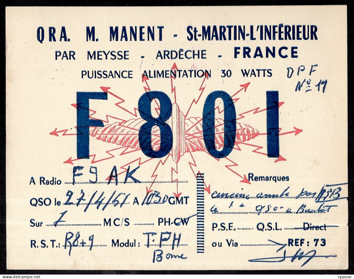 1951 Carte QSL F801 M. Manent 07 St SAINT-MARTIN-L'INFERIEUR Par Meysse Ardèche (vignette Au Dos) - Other & Unclassified