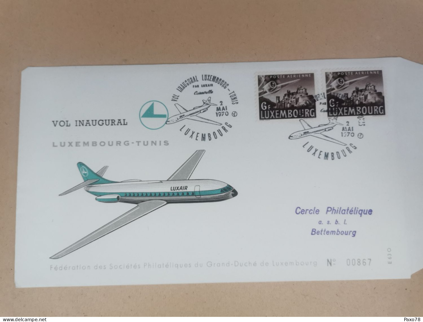 FDC, Vol Inaugural, Luxembourg Tunis 1970. Cercle Bettembourg - Covers & Documents