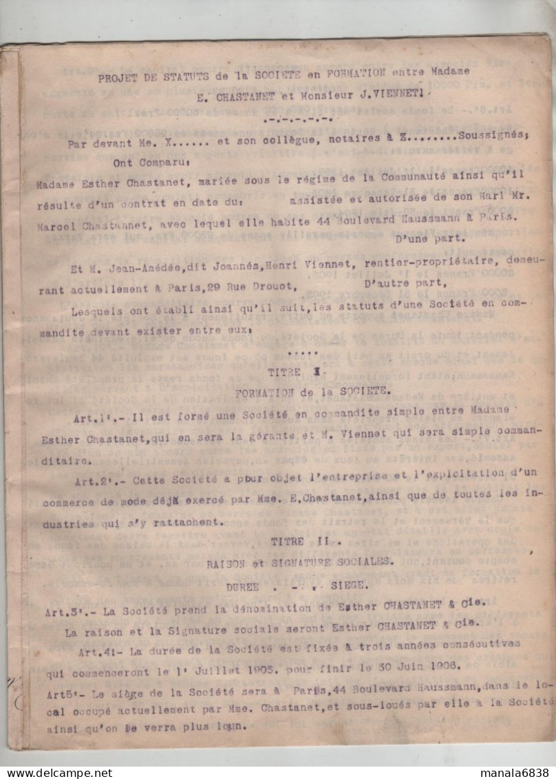 Projet De Statuts Société Chastanet Viennet Paris 1903 - Non Classés