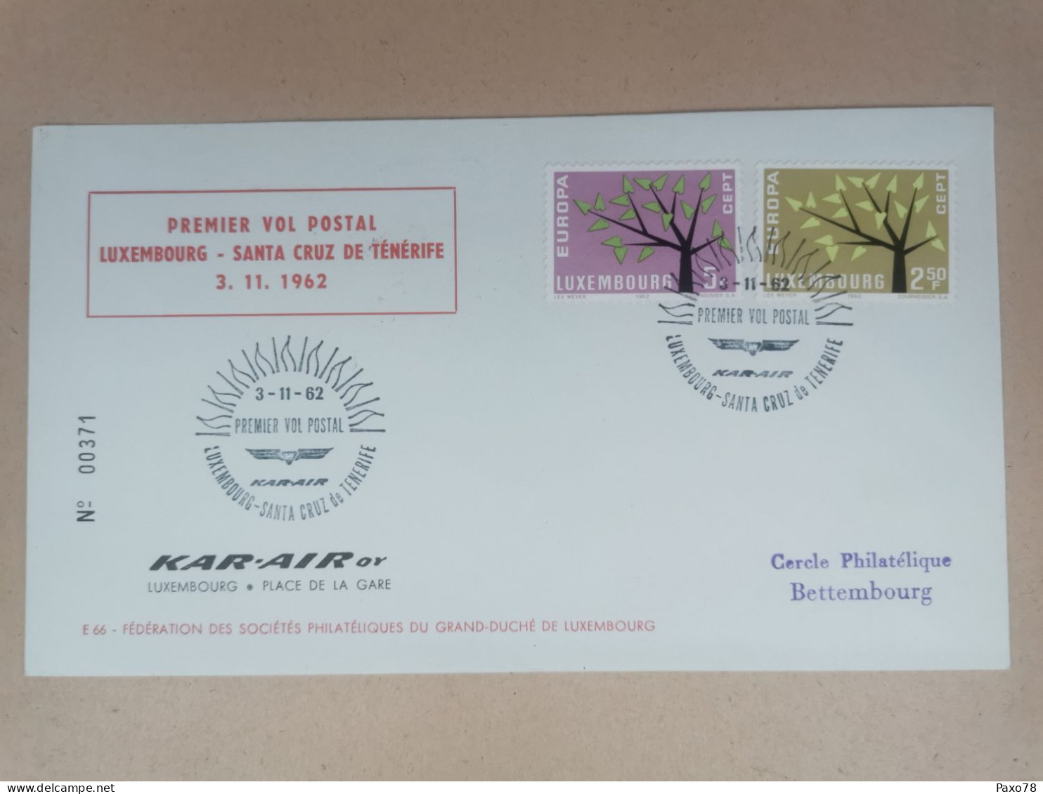 FDC, Vol Inaugural, Luxembourg Santa Cruz Tenerife 1962. Cercle Bettembourg - Lettres & Documents
