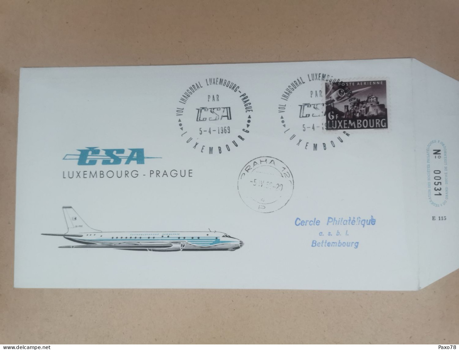 FDC, Vol Inaugural, Luxembourg, Praha 1969. Cercle Bettembourg - Briefe U. Dokumente