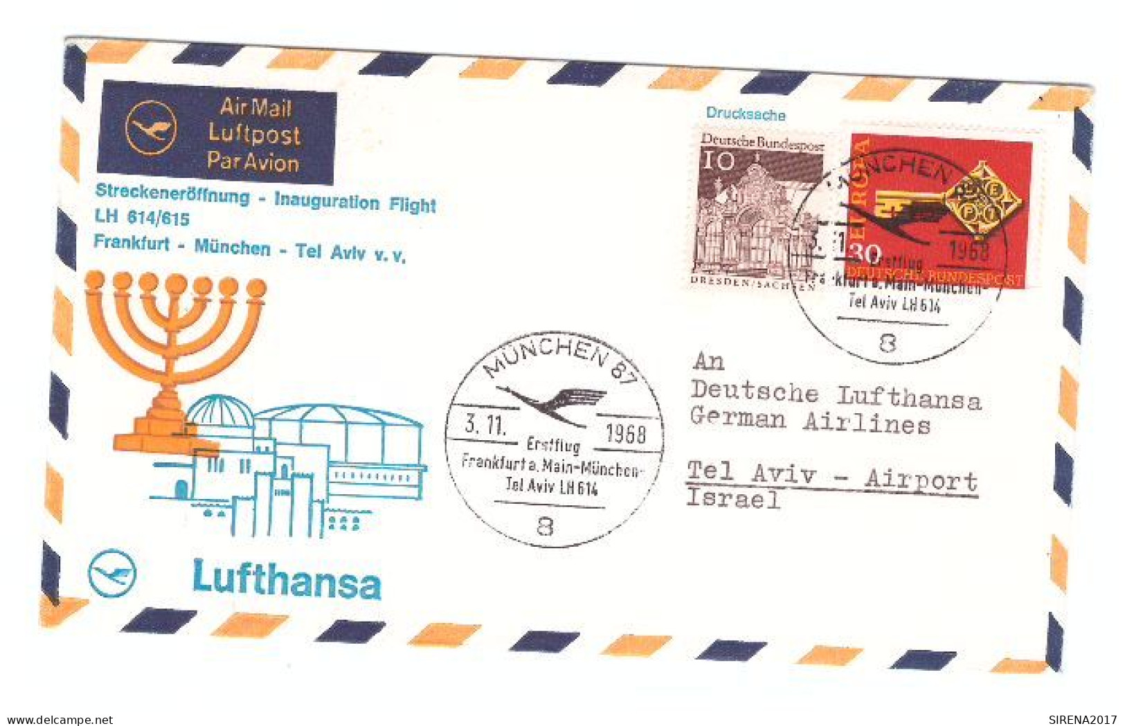 LUFTHANSA - FRANKFURT .........TEL AVIV 1968 - FIRST FLIGHT - Numisbriefe