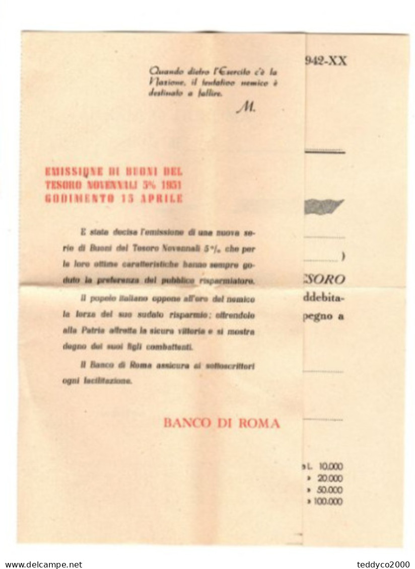 BUONI DEL TESORO 5% 1942-1951 BANCO DI ROMA - A - C