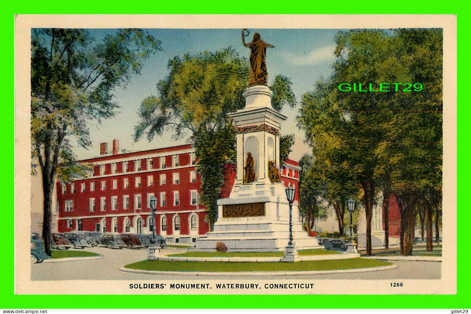 WATERBURY, CT - SOLDIER'S MONUMENT - ANIMATED WITH OLD CARS - AMERICAN ART POST CARD CO - - Waterbury