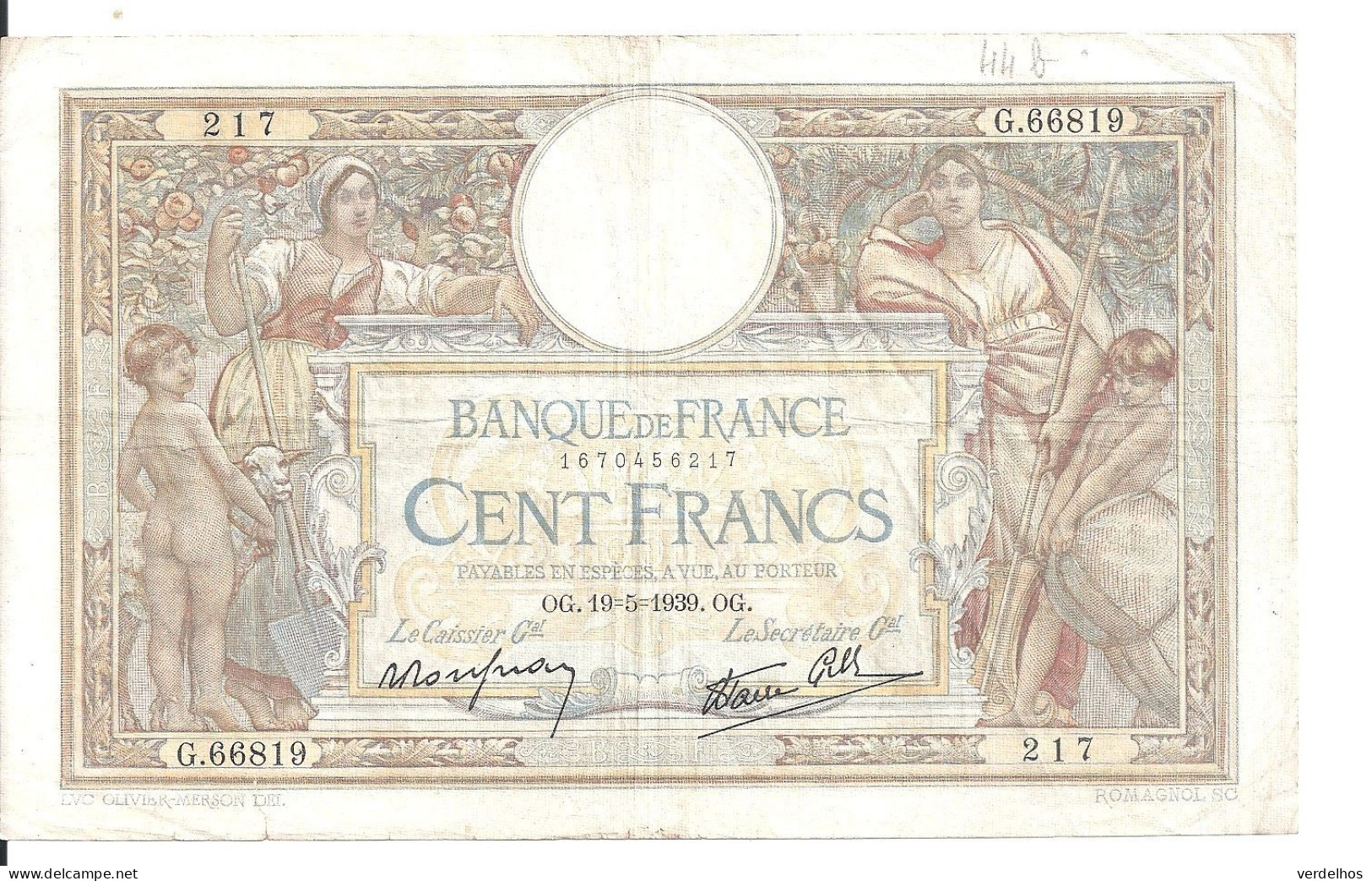 FRANCE 100 FRANCS 1939 VG++ P 86 B - 100 F 1908-1939 ''Luc Olivier Merson''