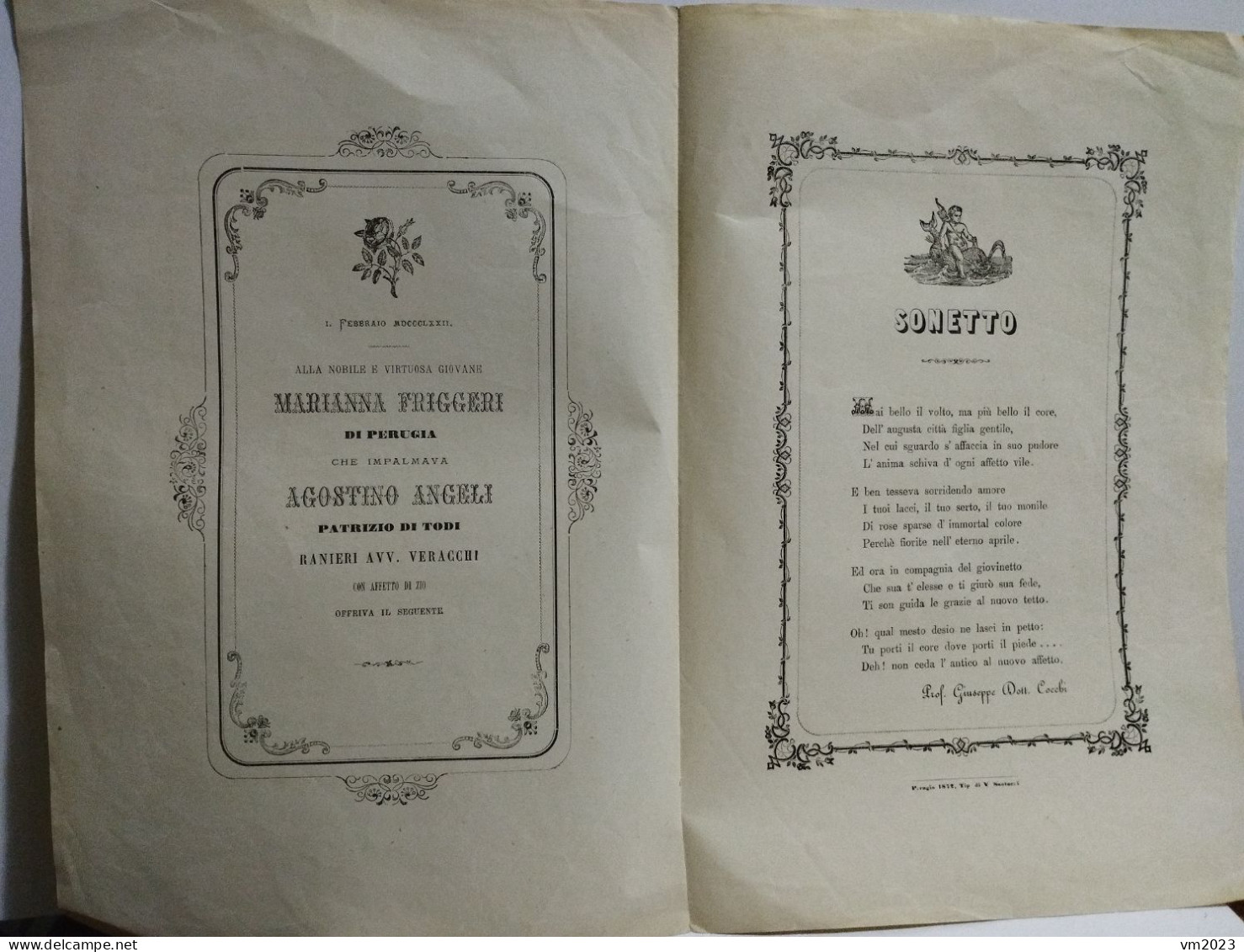 Sonetto Wedding Nozze FRIGGERI - ANGELI  Perugia - Todi 1872. Avv. Ranieri Veracchi - Verlobung