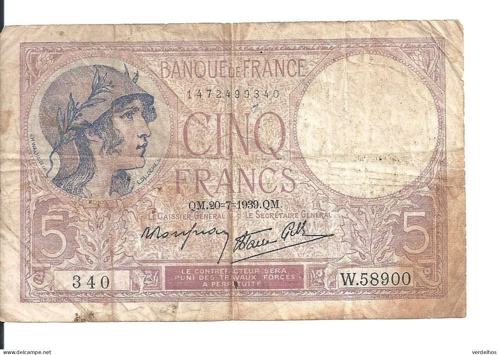 FRANCE 5 FRANCS 1939 VG+ P 83 - 5 F 1917-1940 ''Violet''