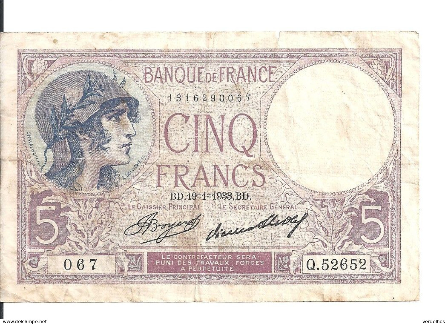 FRANCE 5 FRANCS 1933 VF P 72 E - 5 F 1917-1940 ''Violet''