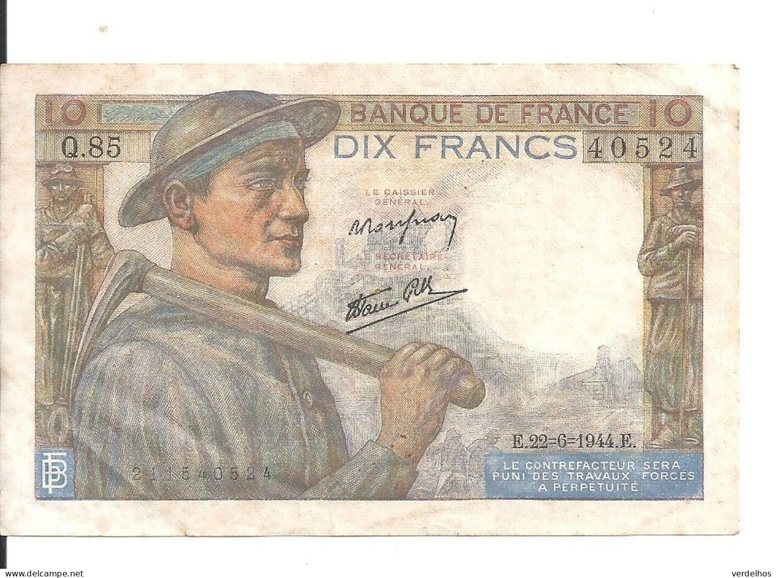 FRANCE 10 FRANCS 1944 VF P 99 E - 10 F 1941-1949 ''Mineur''