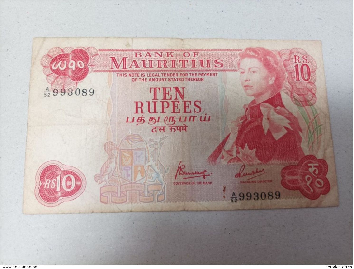 Billete De Mauritius De 10 Rupias Año 1967, Serie A - Maurice