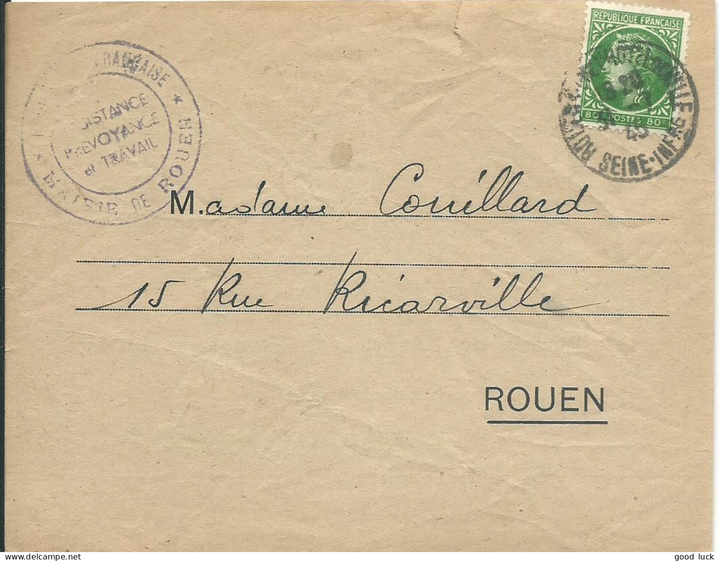 FRANCE LETTRE 80c MAIRIE DE ROUEN POUR ROUEN ( SEINE INFERIEURE ) DE 1945 LETTRE COVER - 1945-47 Ceres Of Mazelin