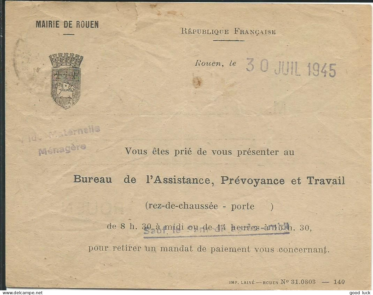 FRANCE LETTRE 80c MAIRIE DE ROUEN POUR ROUEN ( SEINE INFERIEURE ) DE 1945 LETTRE COVER - 1945-47 Ceres Of Mazelin