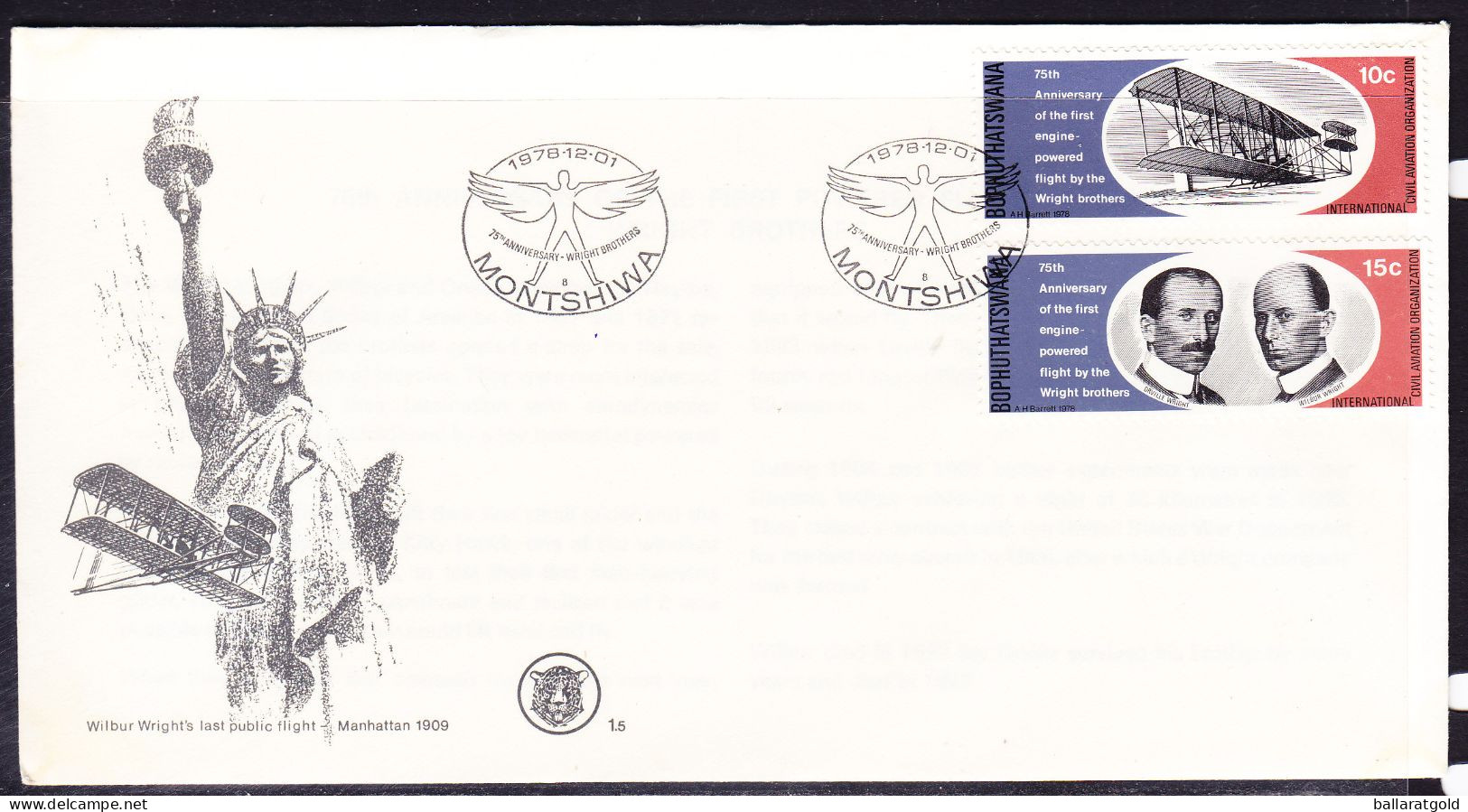 Bophuthatswana 1978 Wright Brothers First Day Cover 1.5 - Bophuthatswana