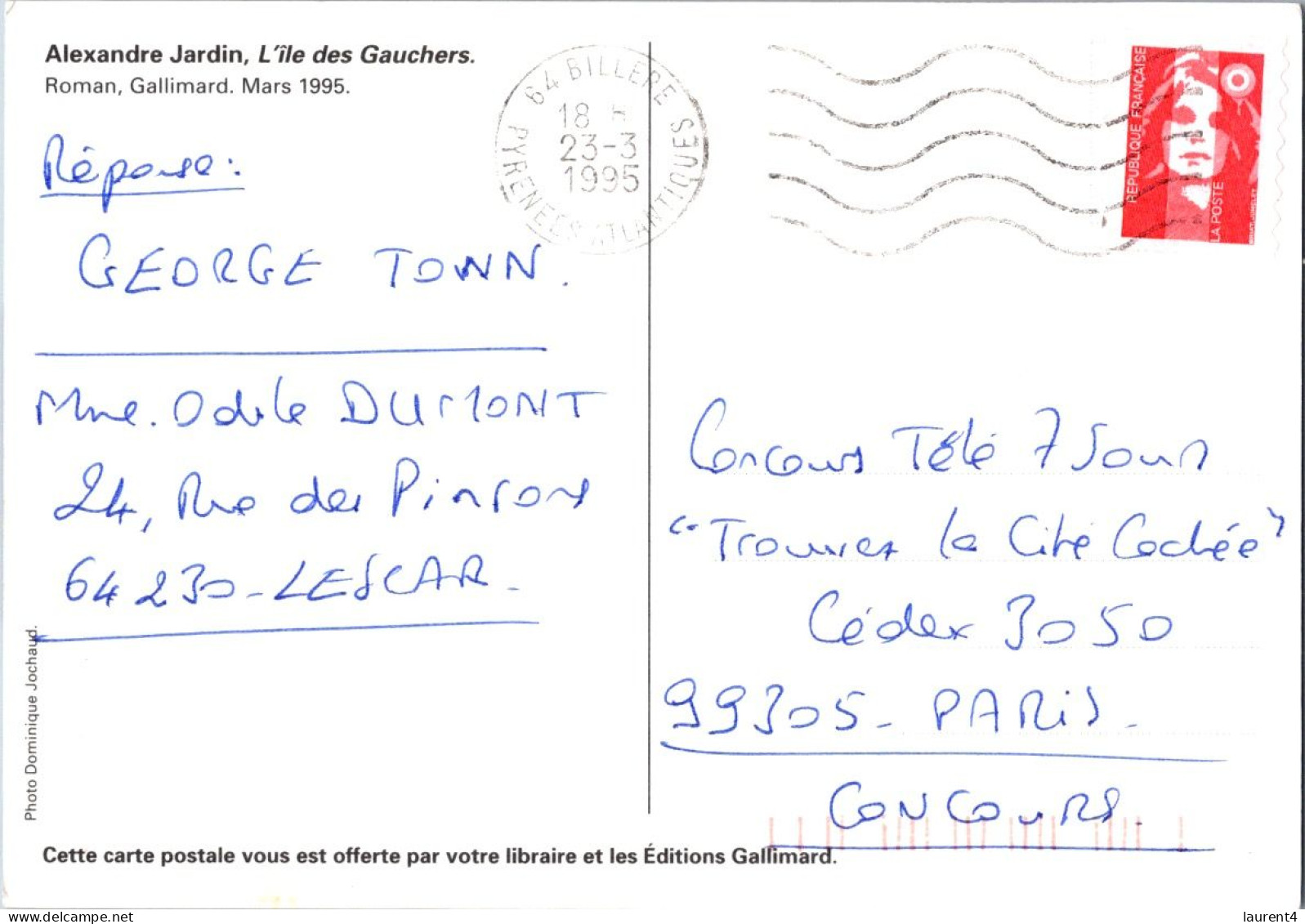 26-9-2023 (2 U 11) France - Livre - L'Ile Des Gauchers (posted 1995) Left-handed Island - Libraries